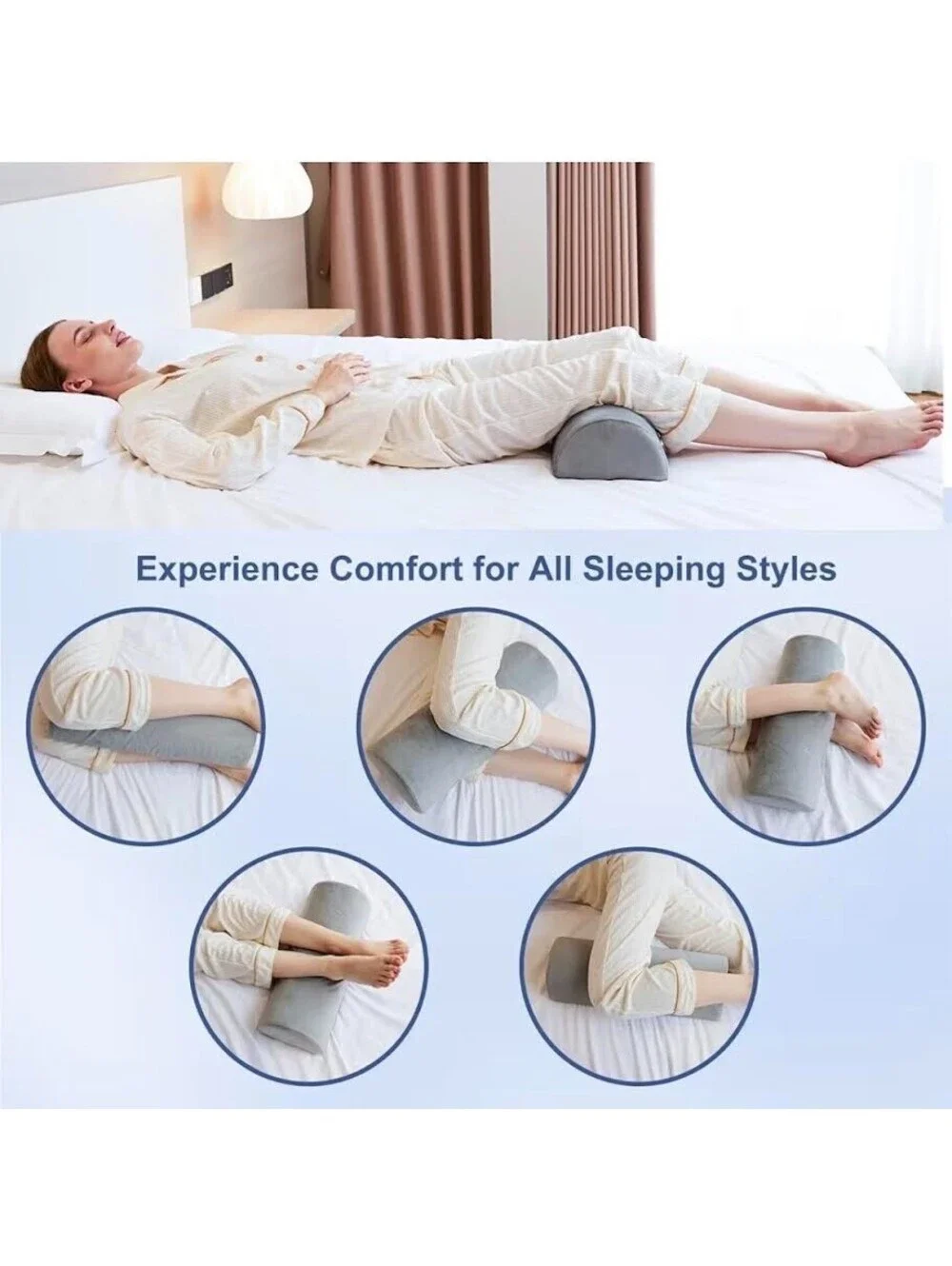 Knee Pillow For Back Sleeping, Half Moon Bolster Pillow, Grey, 19.75
